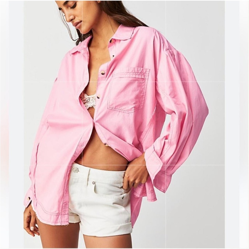 We The Free Pink Casual Button Down Oversized Shirt with Classic Collar